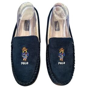 Polo Ralph Lauren Mens Collins Bear Moccasin Slipper Blue Size 8 Sheepskin Lined